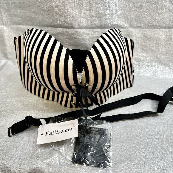 RETRO Bras Brassiere Women 32B Push Up Pads Unlined Pink/Blk Striped Convertable - Picture 4 of 16